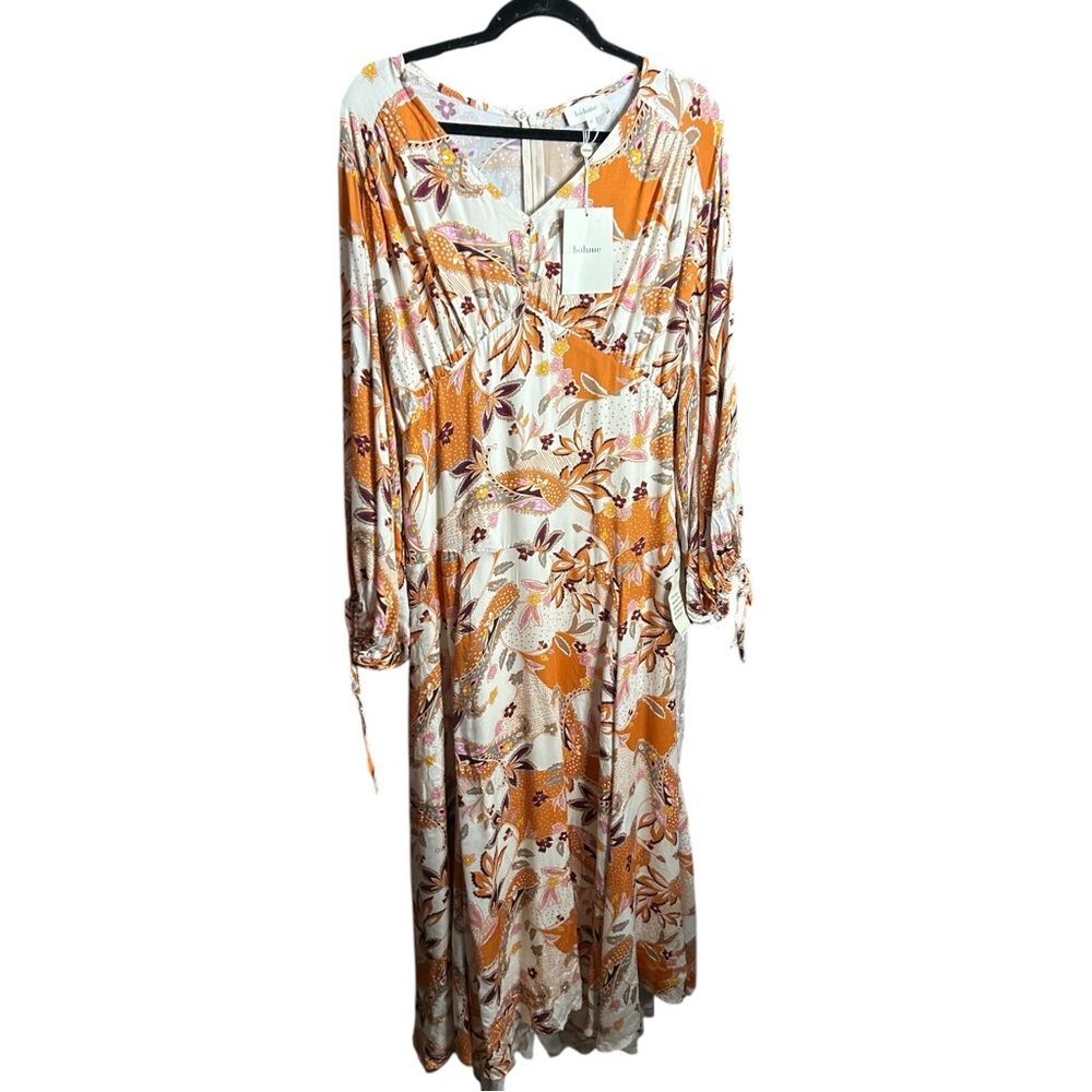 Böhme Cream Orange Floral Paisley Maxi Boho Dress Size Medium Balloon Sleeve